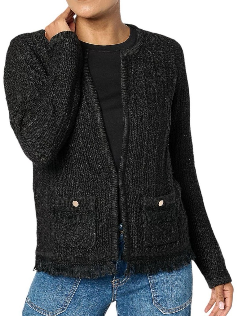JOAN RIVERS Boucle Chanel-Style Open-Front Fringe Detail Cardigan Women’s Large